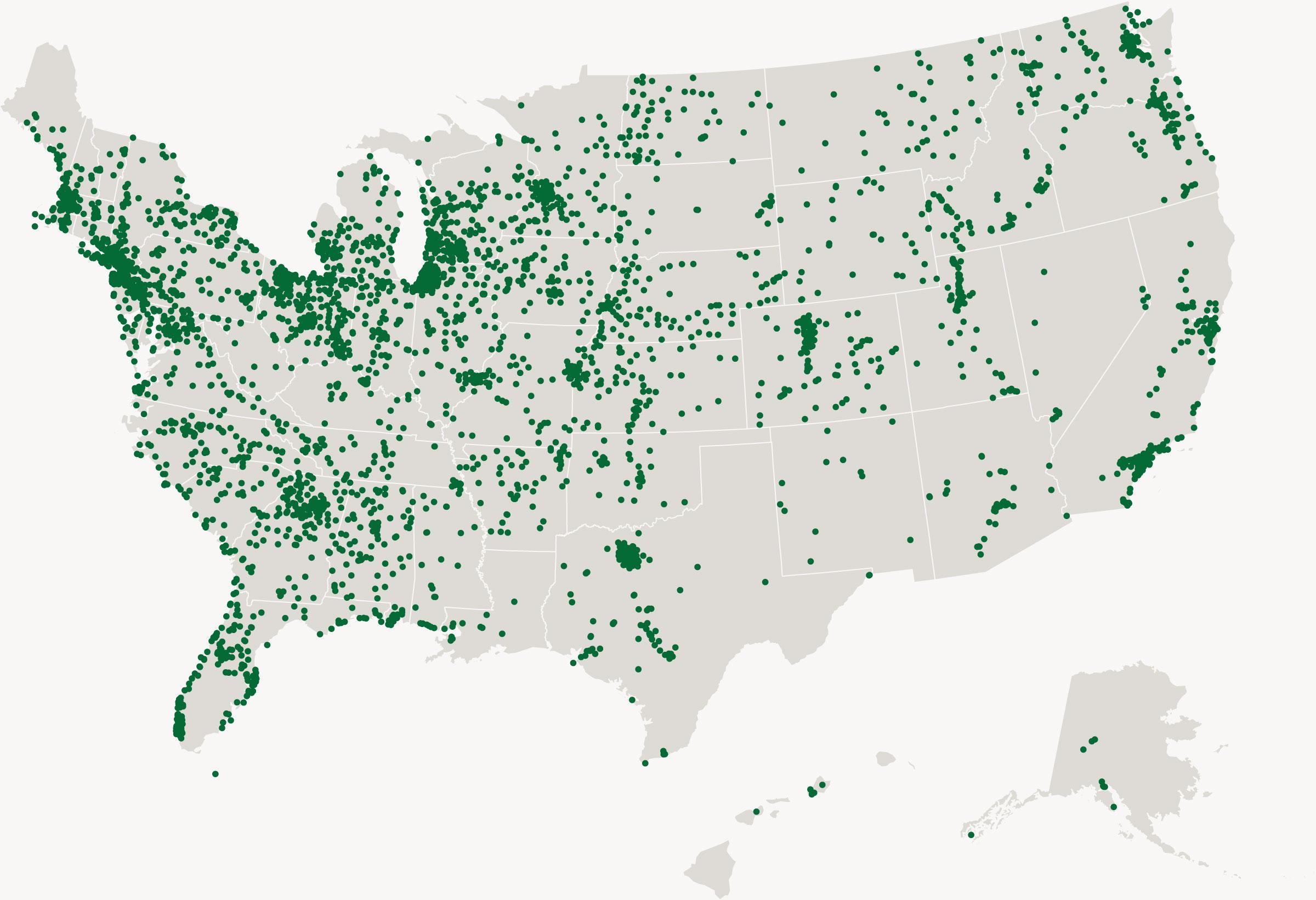 map view of 植加拿大28回水节基金会's community planting partners in the United States